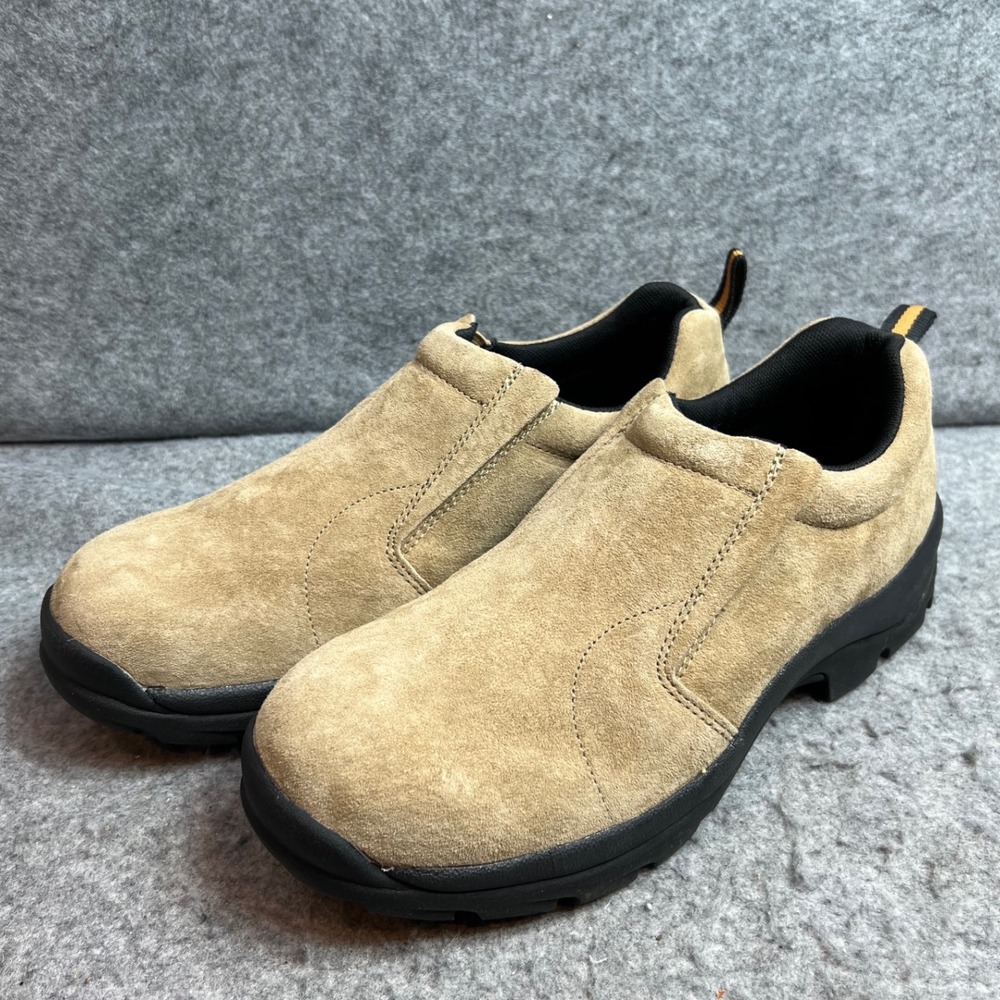 Duluth Trading Co Mens Wild Boar Mocs Tan Suede Slip On Shoes Non Slip Size 10